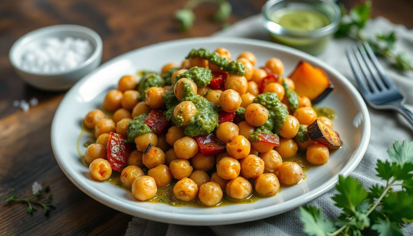 Légumes et Pois Chiches Rôtis au Pesto Vegan