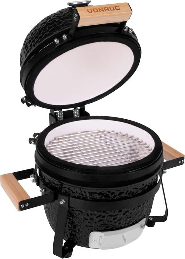 VONROC Barbecue Kamado 13 Pouces - Barbecue Portable Ø27 cm Surface de Cuisson, 25kg - Barbecue Charbon de Bois en Céramique Modèle à Poser – Avec Support, Thermomètre, Repose Assiette & Couvercle
