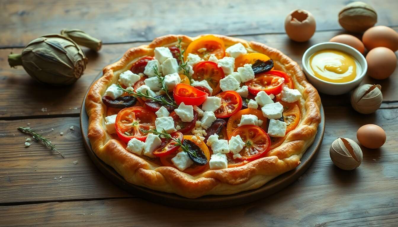 Tarte aux légumes d'été, poulet et feta