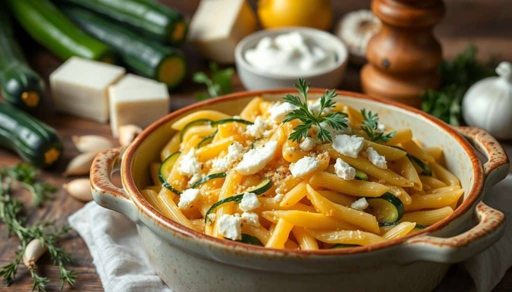 Gratin de pâtes aux courgettes et feta express