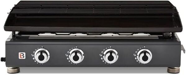BRASERO - Plancha Silvia II G 4 Feux Gun Metal Surface de Cuisson 84 x 34 cm - 4 brûleurs - Plaquer Acier émaillée - Grille de réchauffement - Tiroir Graisse - Jusqu'à 12 convives - 10 KW
