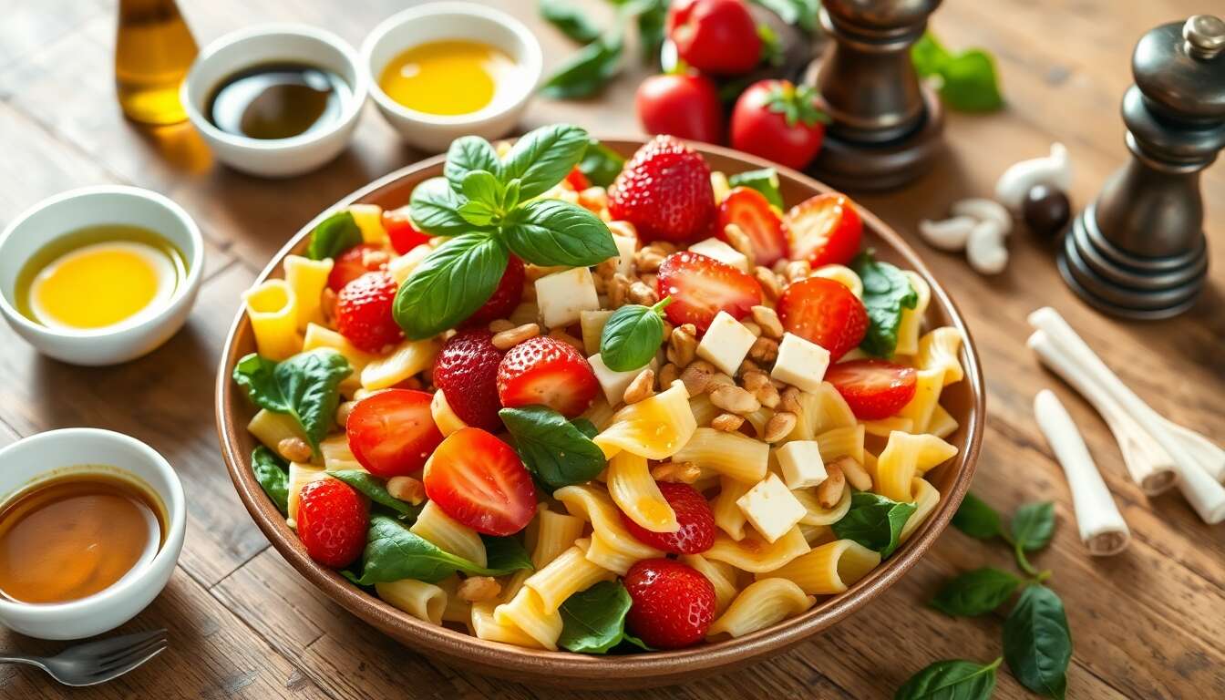 Salade de pâtes : fraises, tomates et halloumi savoureux