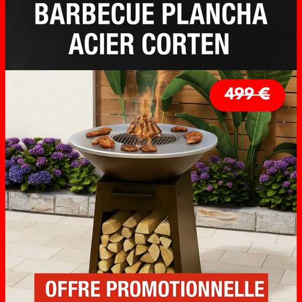 BBQ Design Brasero Plancha 2-en-1 Livona - 58,5 cm, Hauteur 81 cm, Base en Acier Corten avec Tiroir à Cendres et Rangement Bois