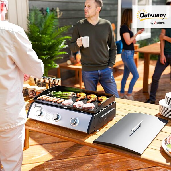 Outsunny Plancha gaz 3 brûleurs 7,5 kW, surface cuisson 61 x 35,5 cm avec couvercle, gaz liquéfié/propane, portable pour extérieur, jusqu'à 6/8 convives, noir