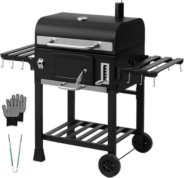 TEENO XXL Barbecue Charbon de Bois XXL - avec Couvercle, Thermomètre Intégré, Gants Anti-Chaleur, Cheminée, Ouvre-Bouteille & Fumoir - Grand Modèle pour Grillades Extérieures, Partis et Famille