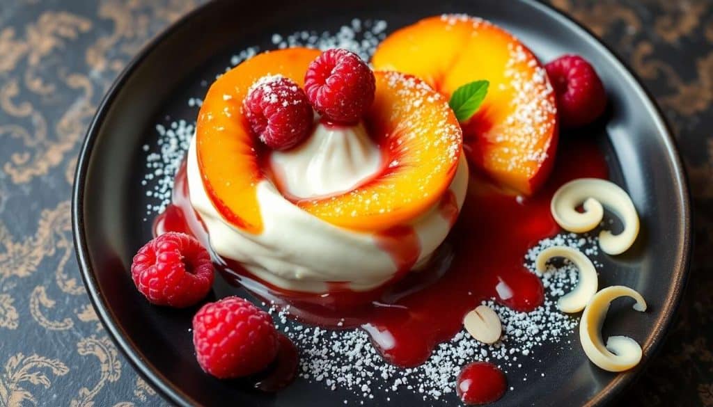 Entremets Pêche Melba : pêche, framboise et Vanille