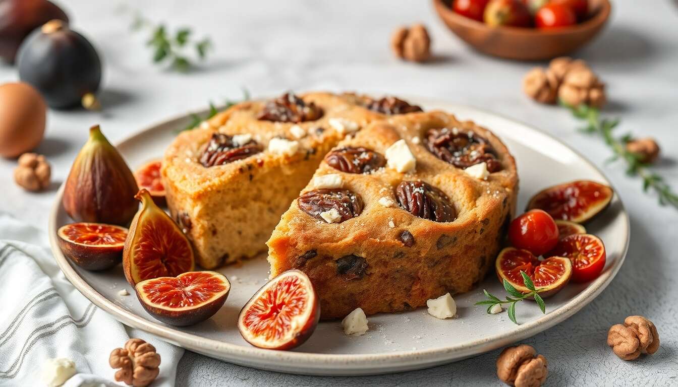 Cake salé aux figues, gorgonzola et tomates confites