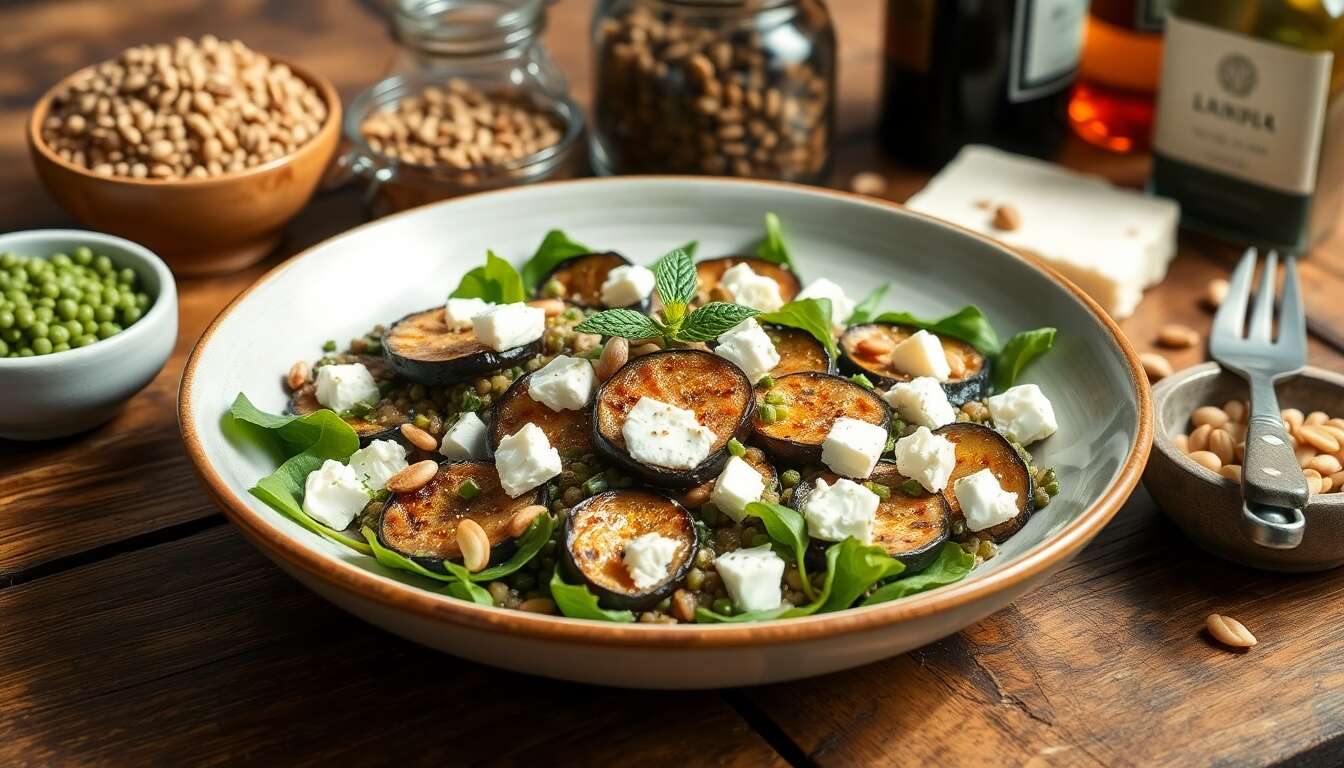 Salade de lentilles vertes, aubergines rôties et feta : une recette savoureuse