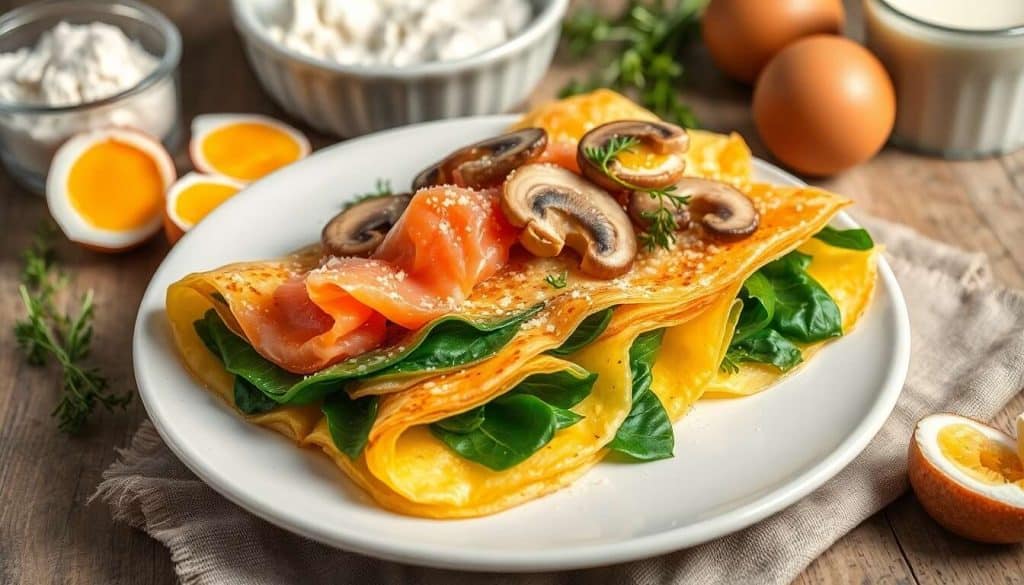 Crêpes aux épinards, saumon et champignons gratinés