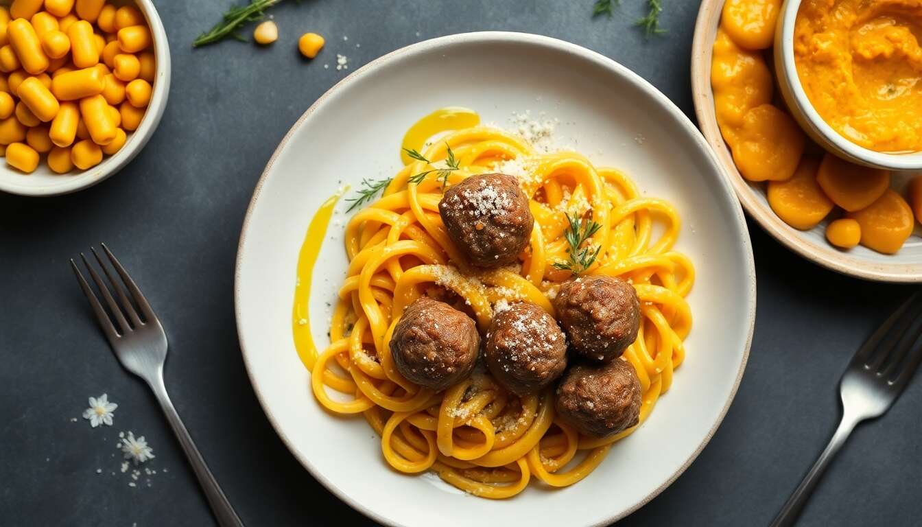 Sauce à la courge butternut, fusilli de pois chiche et boulettes de bœuf