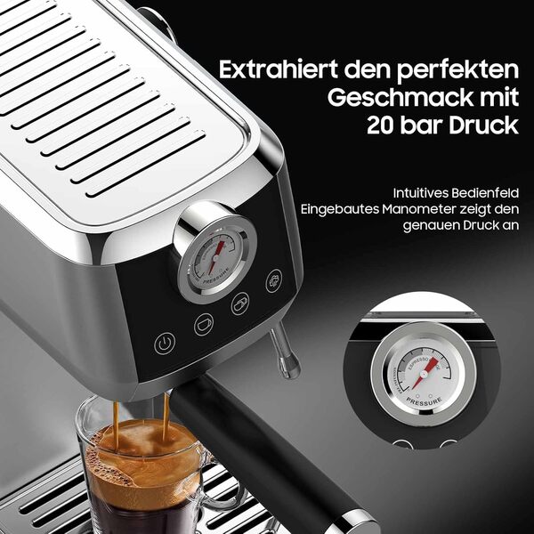 iceagle Machine à café Expresso avec 20 Bar Pompe Italienne - Prime Cafetiere avec Mousseur à Lait Professionnel | Machine à Cappuccino et Latte, 1350W, Écran Tactile avec Manomètre, 1.3L