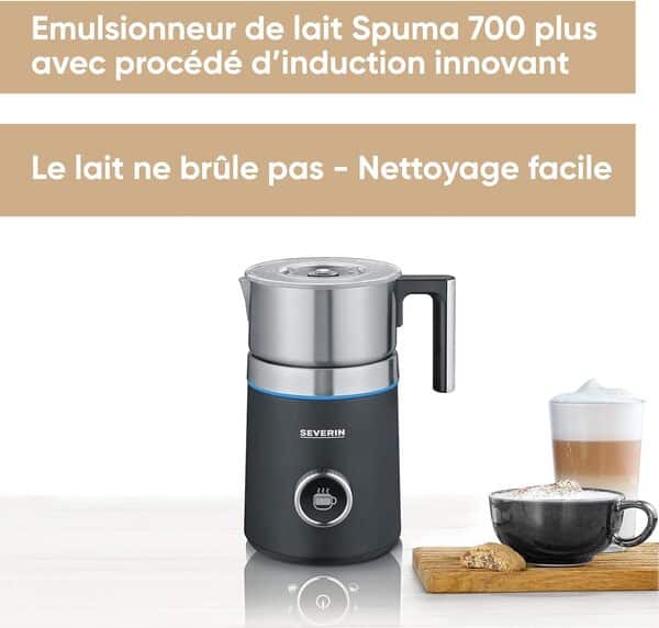 SEVERIN Émulsionneur de lait Spuma 700 Plus 500 W, Mousseur de lait à induction, Mousseur à lait électrique, Chocolatière 700 ml, 13 programmes, inox/noir, SM 3587