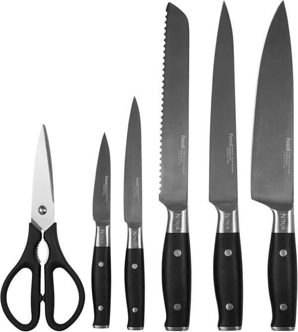 Bloc-couteaux Ninja Foodi StaySharp avec Affûteur, Ensemble de Couteaux 6 Pièces Aiguisés: Couteau de chef, à pain, à trancher, universel, à éplucher et ciseaux, en Acier Inoxydable, K32006EU