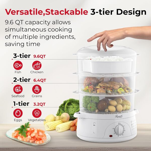 Rosewill Electric Cuit Vapeur 9,5 quart, cuiseur vapeur avec sans BPA 3 étages paniers empilables, Coquetiers, bol à riz, Rhst-15001