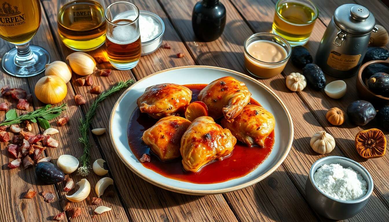 Poulet à la bière, pruneaux et lardons : recette savoureuse