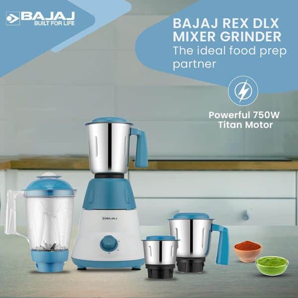 Bajaj Rex Dlx Mixie Moulin mélangeur 750 W pour cuisine avec fonction Nutri-Pro | 4 bocaux mélangeurs en acier inoxydable | Protection contre les surcharges de broyage à sec et humide | Blanc/bleu
