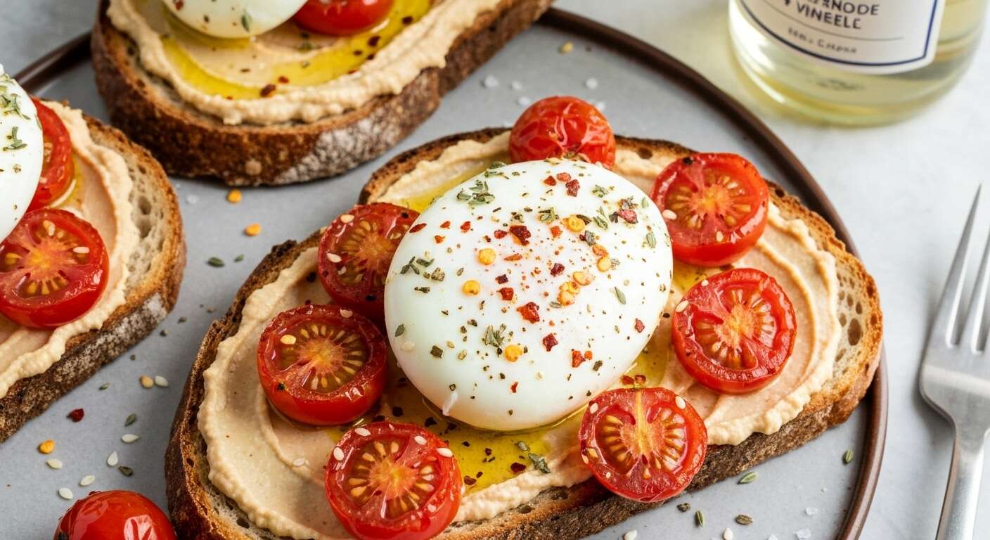 Toast houmous, tomates rôties et œuf : une recette gourmande