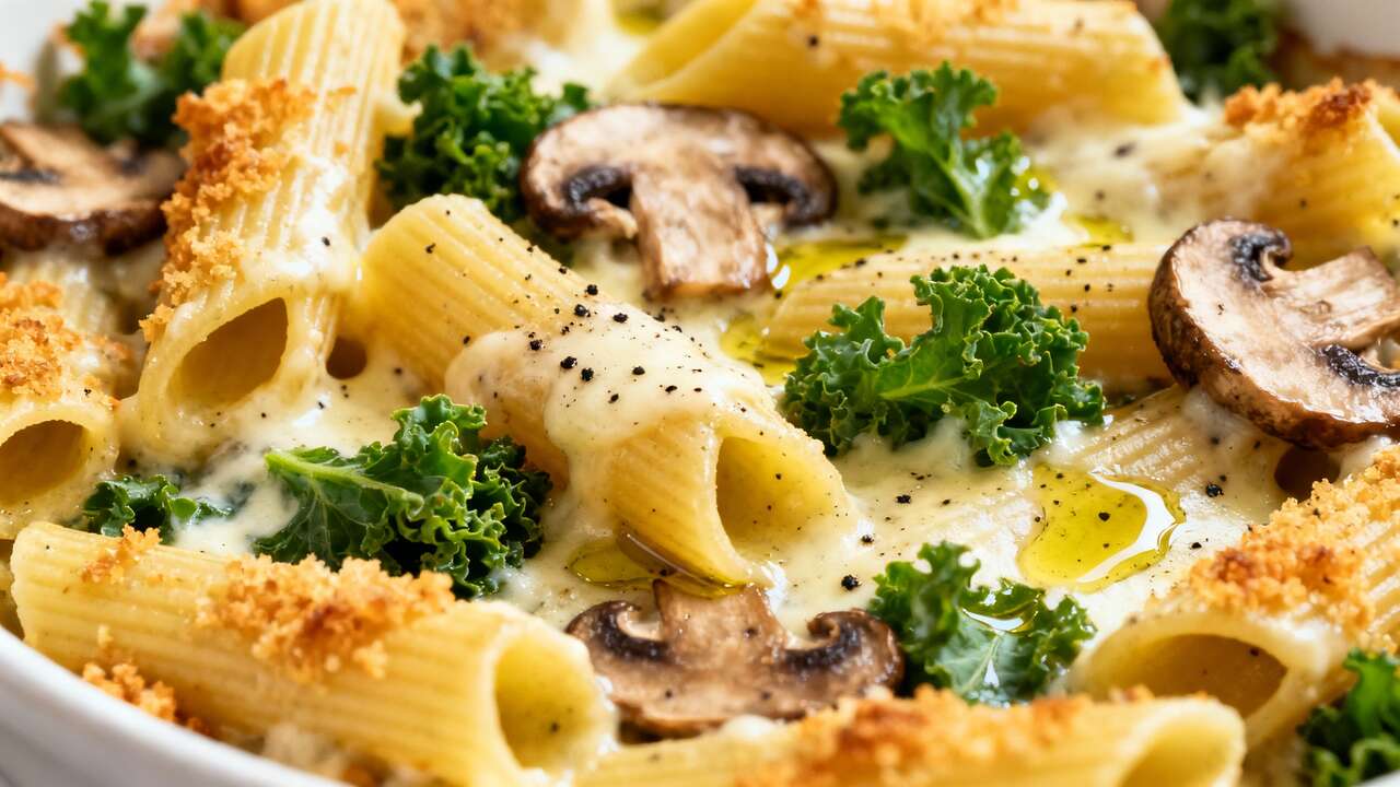 Gratin de pâtes aux champignons et chou kale : recette savoureuse