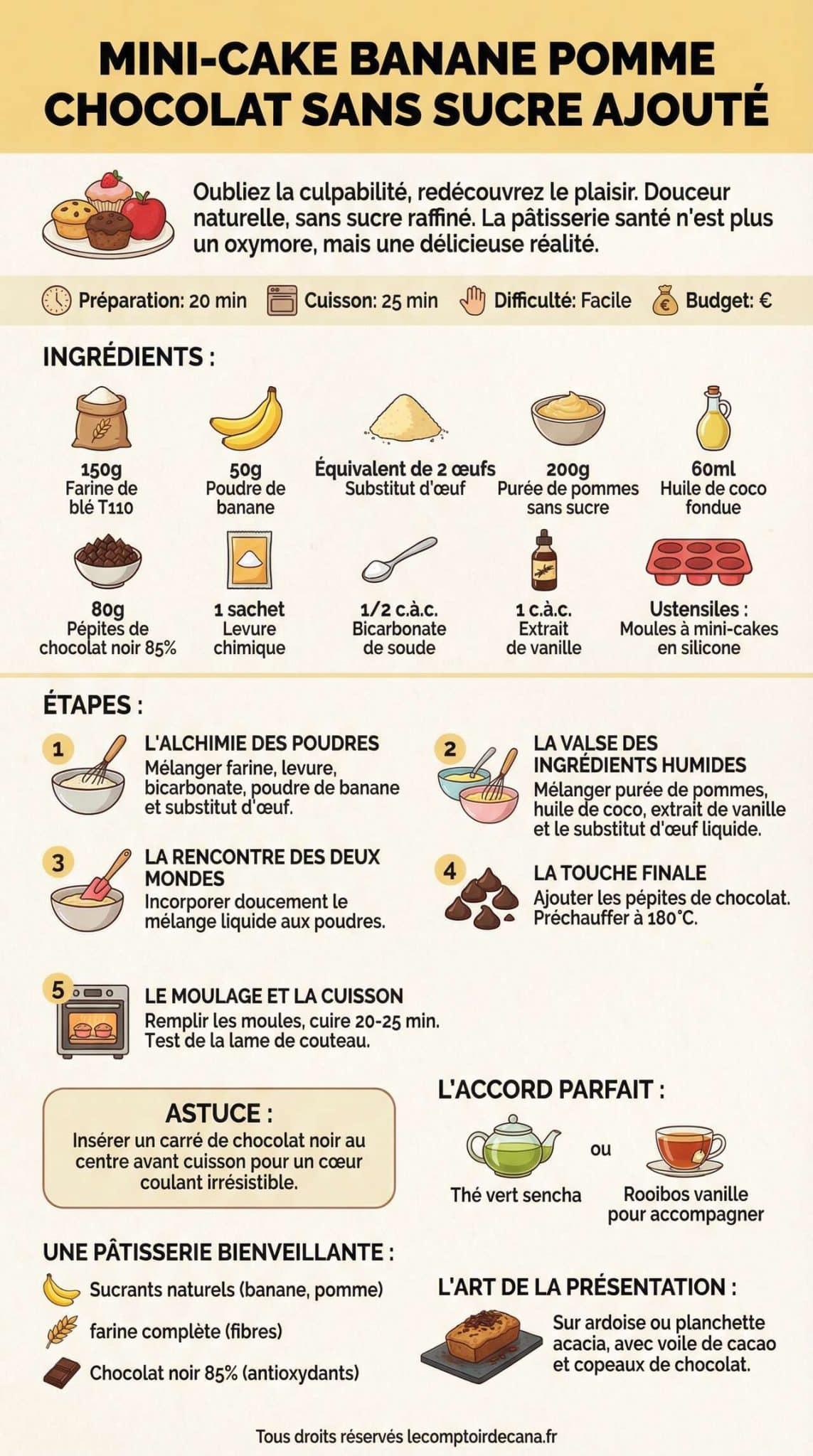 Infographie de la recette Mini-cake banane pomme chocolat sans sucre ajout&eacute;