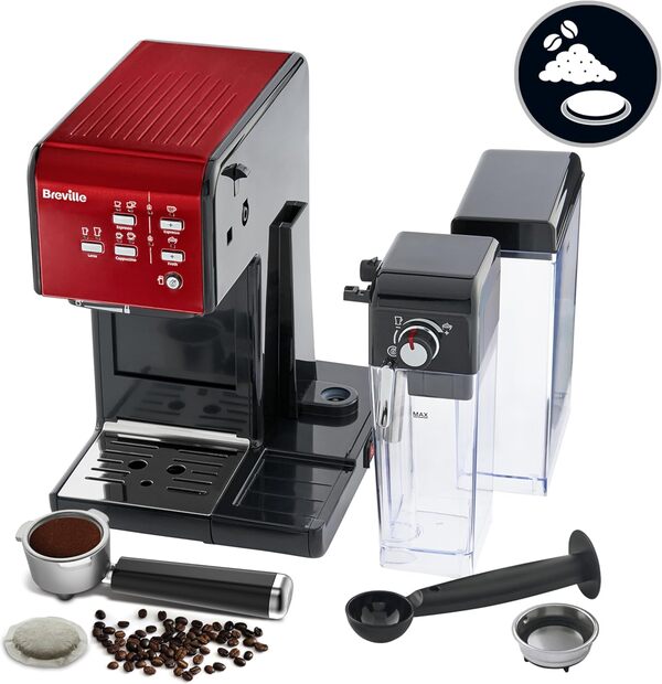 Breville Prima Latte II Espresso | Machine à latte & cappuccino | Pompe 15 bars professionnelle & mousseur de lait | Rouge [VCF109X]
