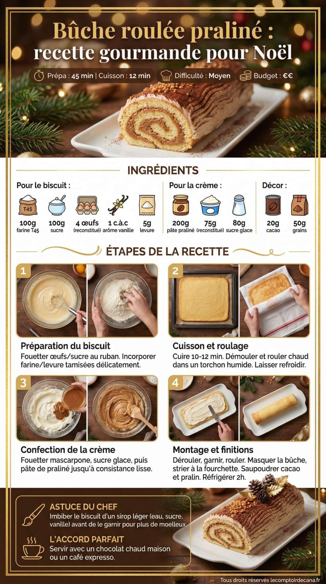 Infographie de la recette B&ucirc;che roul&eacute;e pralin&eacute; : recette gourmande pour No&euml;l