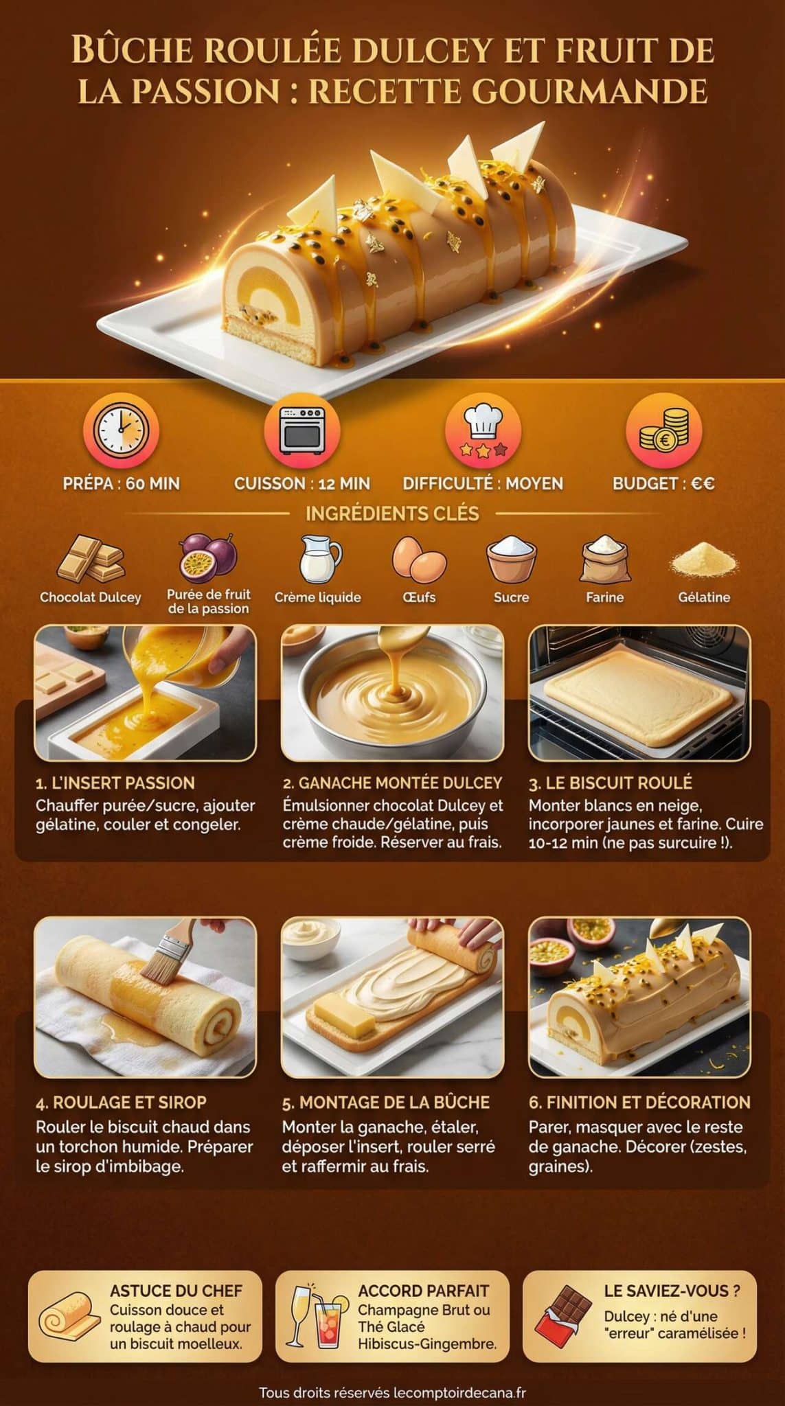 Fiche recette B&ucirc;che roul&eacute;e Dulcey et fruit de la passion : recette gourmande