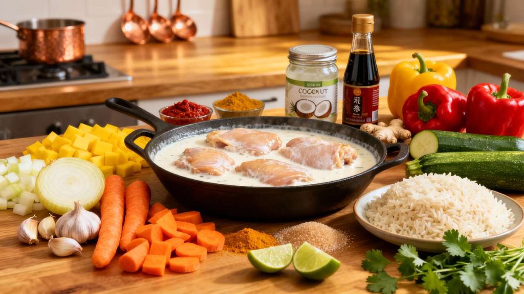 Poulet mijoté aux légumes et lait de coco : une recette savoureuse