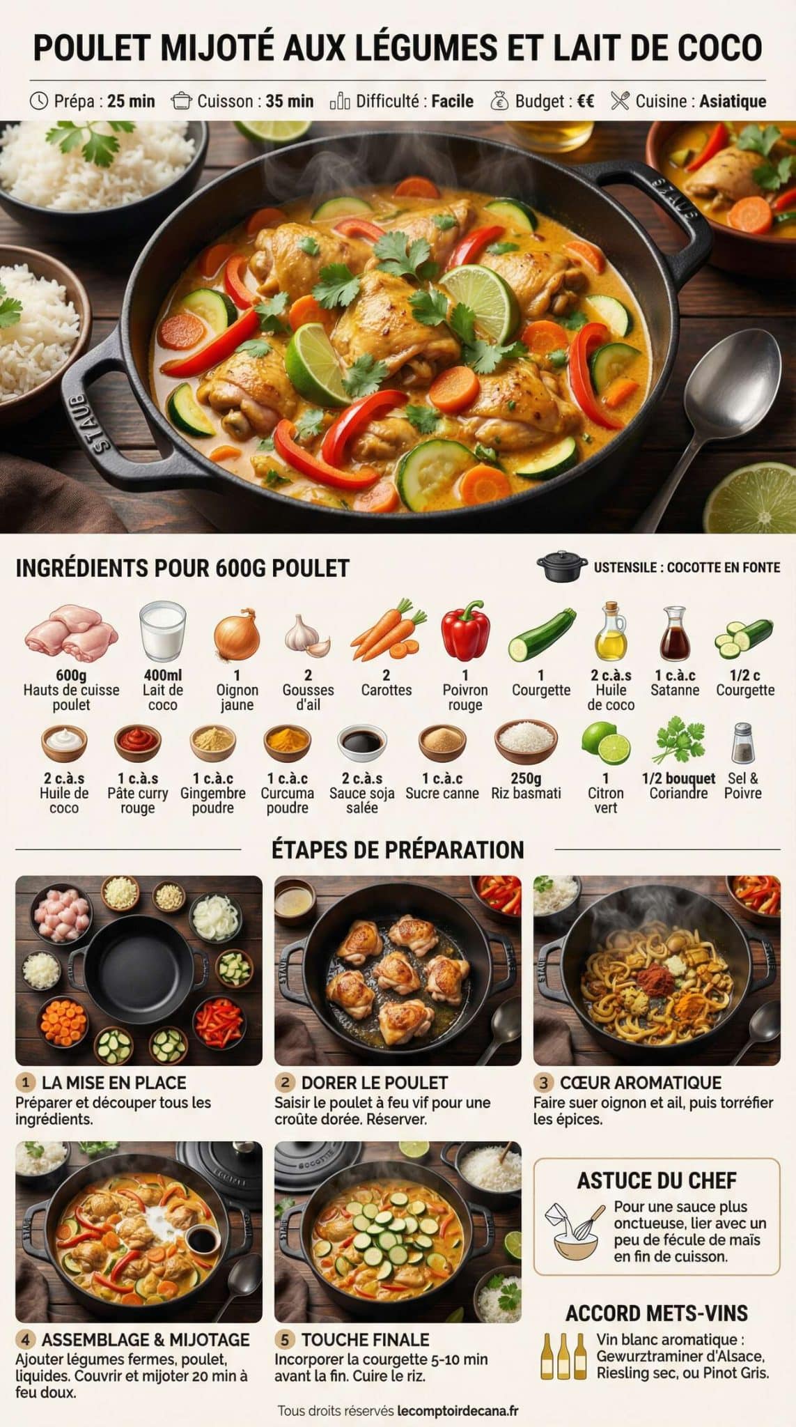 Fiche recette Poulet mijot&eacute; aux l&eacute;gumes et lait de coco : une recette savoureuse