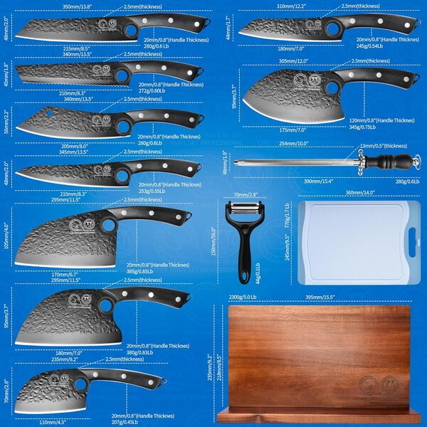 XYJ Set de couteaux de cuisi avec lames forgées en acier à haute teneur en carbone, couteau de chef, hachoir, couteau à découper, manche en bois, sac de transport et protège-lames inclus