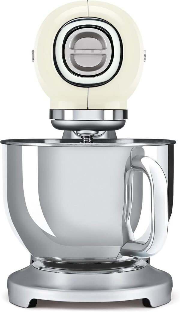 Smeg, Robot Pâtissier SMF02CREU, 10 Niveaux de Vitesse, Fonction Mise en Marche Progressive, Bol 4,8 L, Verrouillage Moteur de Sécurité, Batteur Plat, Crochet et Couvercle Fournis, 800W, Crème