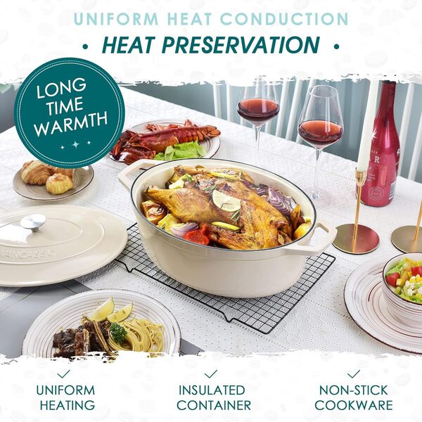 vancasso Cocotte Ovale en Fonte Émaillée 8L, 37cm, x13cm, 8.15kg, Marmite avec Couvercle Pour Tous Feux dont Induction Beige