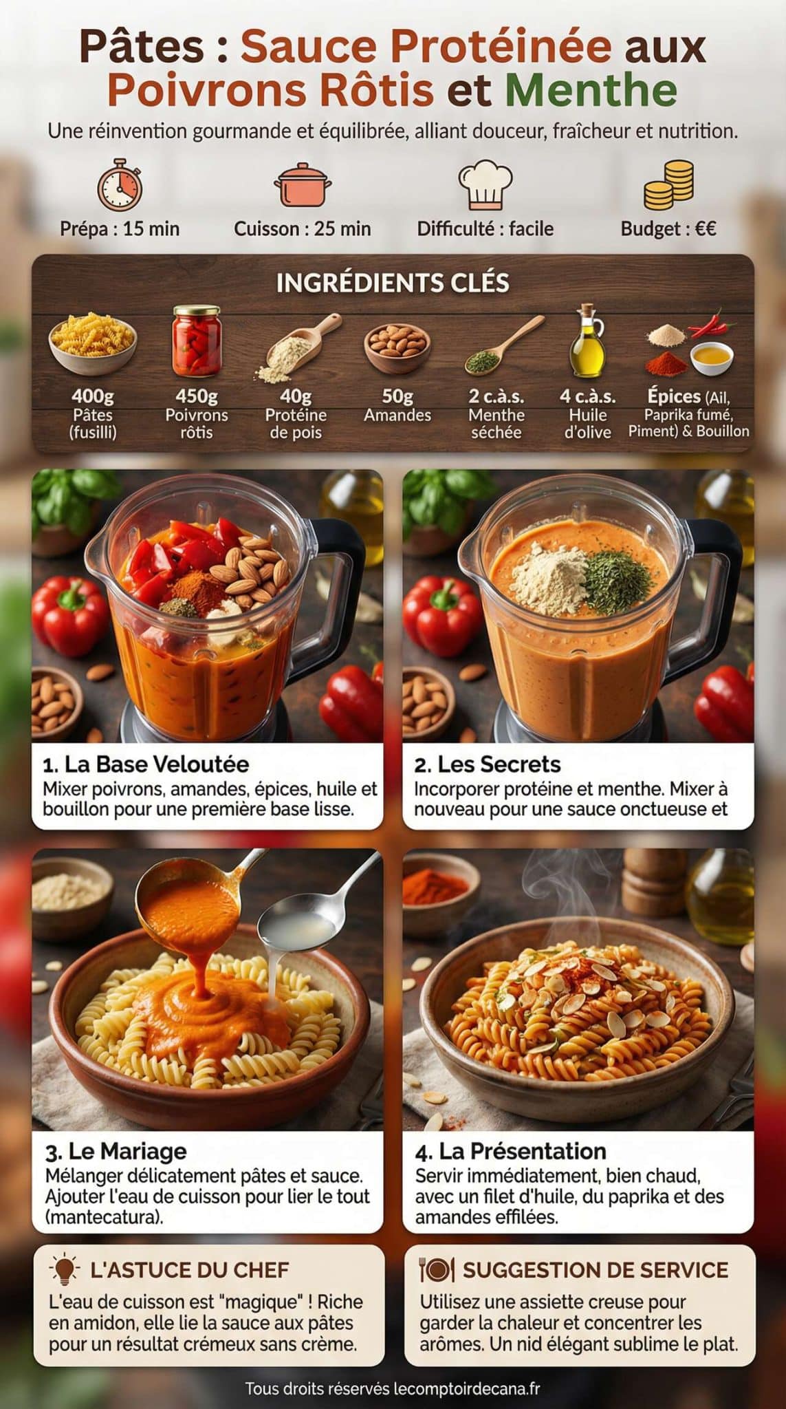 Fiche recette Recette de pâtes : sauce protéinée aux poivrons rôtis et menthe Fiche recette Recette de pâtes : sauce protéinée aux poivrons rôtis et menthe