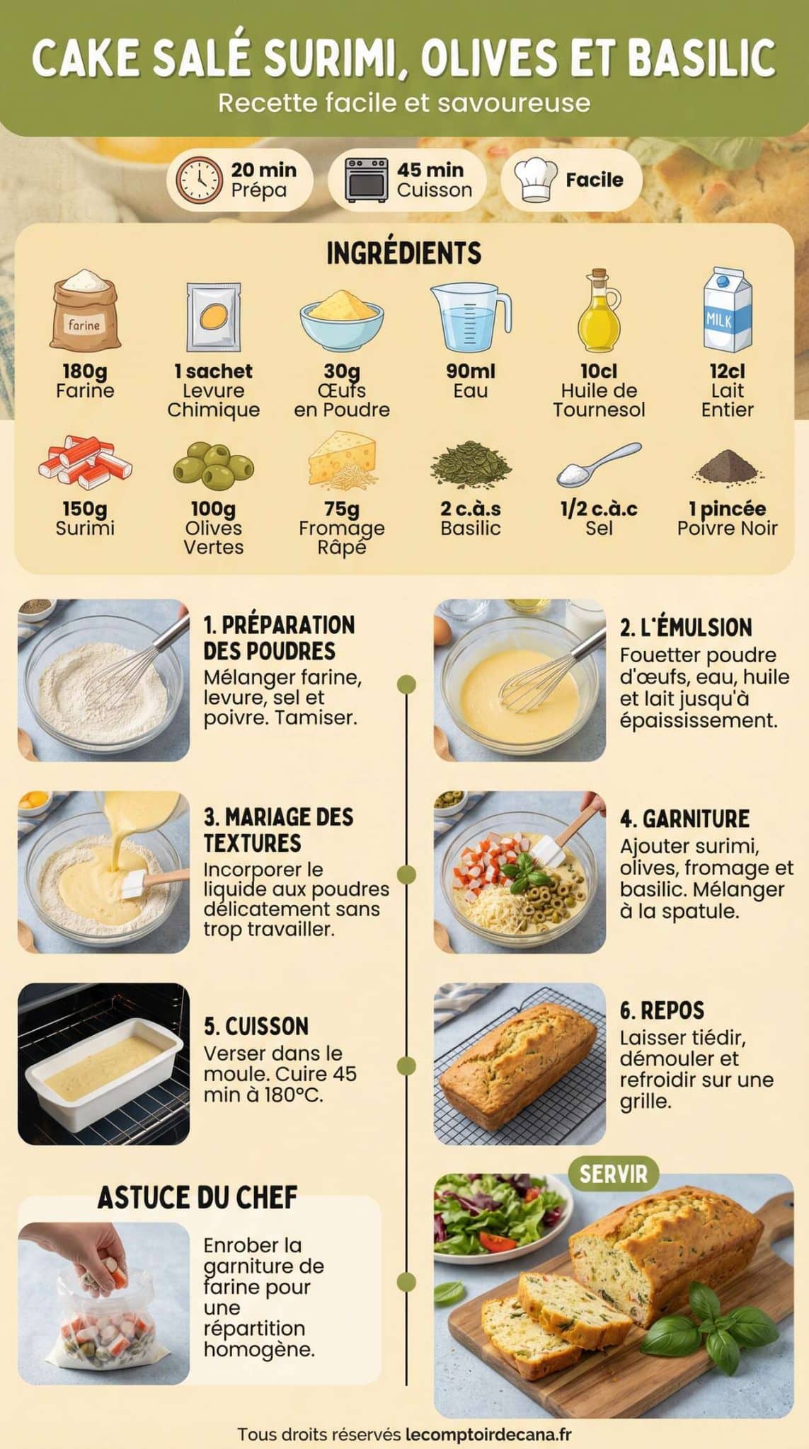 Fiche recette Cake salé au surimi, olives et basilic : recette facile et savoureuse Fiche recette Cake salé au surimi, olives et basilic : recette facile et savoureuse