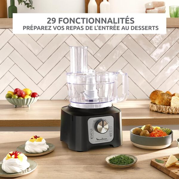 Moulinex Double Force Compact Robot Cuisine Multifonction, Bol 3L, 800W, 2 Vitesses + Pulse, 9 Accessoires, Blender, Hachoir, Râpes, Noir FP546811