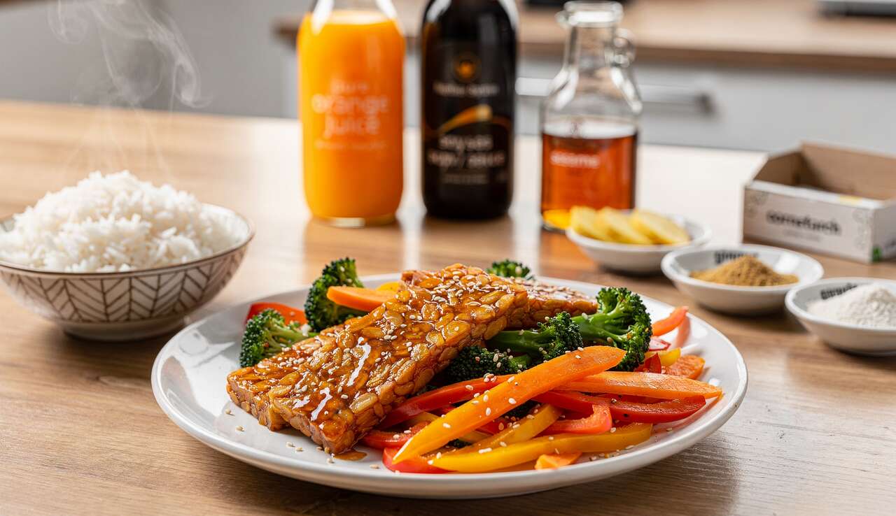 Tempeh laqué à l'orange et petits légumes : recette savoureuse