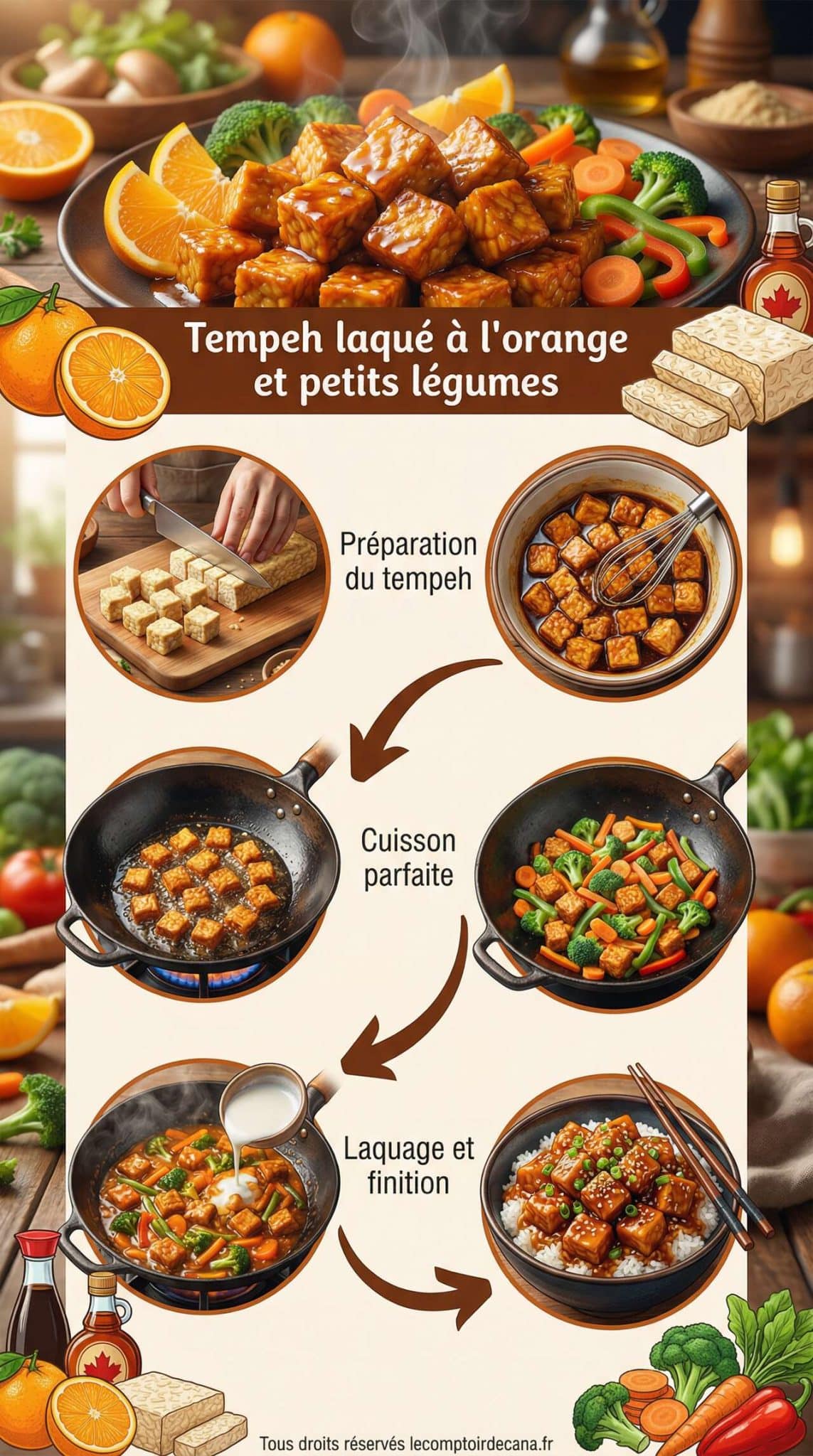 Fiche recette Tempeh laqu&eacute; &agrave; l'orange et petits l&eacute;gumes : recette savoureuse