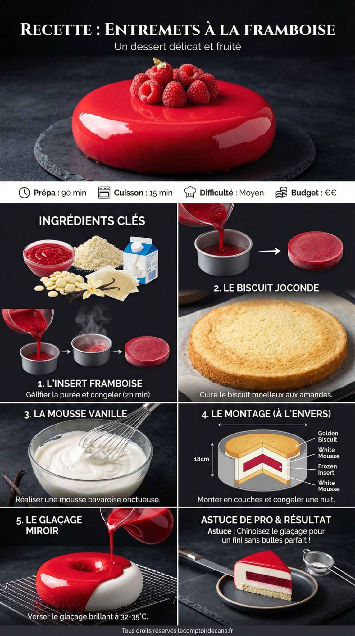Fiche recette Recette d'entremets &agrave; la framboise : un dessert d&eacute;licat et fruit&eacute;