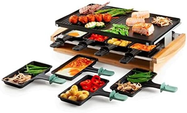 Appareil a Raclette DOMO DO9246G - -grill Bamboo - 1200W - 3 niveaux - 8 personnes - Résistance acier inoxydable
