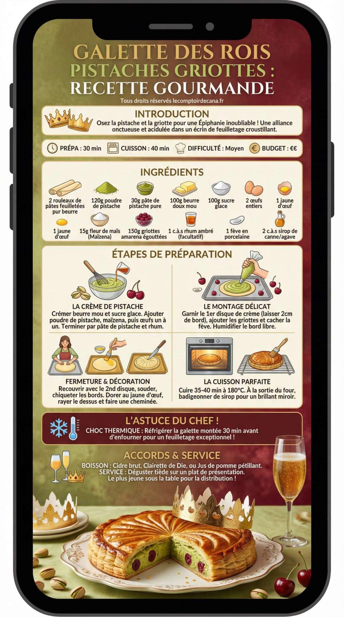 Fiche recette Galette des rois pistaches griottes : recette gourmande