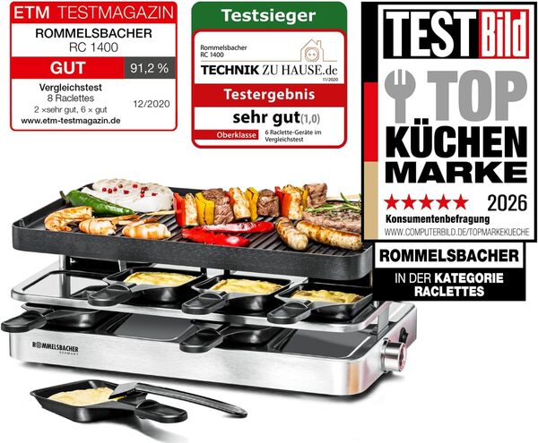 ROMMELSBACHER Raclette Grill RC 1400 - Plaque réversible pour griller et crêpes - 8 poêlons - Revêtement antiadhésif - Interrupteur marche/arrêt - Réglage de la température en continu - Acier