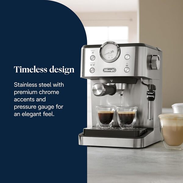 De'Longhi Linea Classic EM450.M Machine à café manuelle avec tige vapeur, machine à expresso avec pompe barista, buse pour cappuccino, filtre double paroi, 15 bar, tasse jusqu'à 13 cm, acier