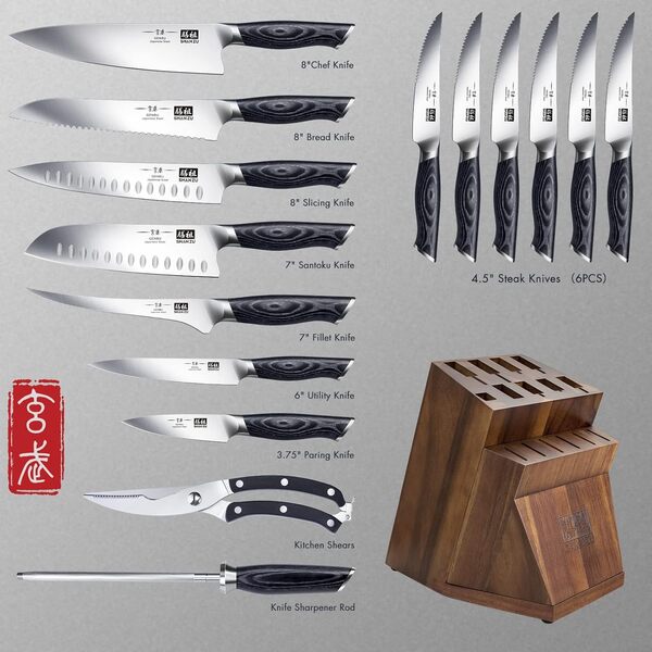 SHAN ZU Bloc de Couteau Avec Couteau de Cuisine, 16 Pcs Ensemble de Couteax Chef en Acier Inoxydable Japonais Avec Bloc Amovible et PoignéE Ergonomique K133-Série Genbu