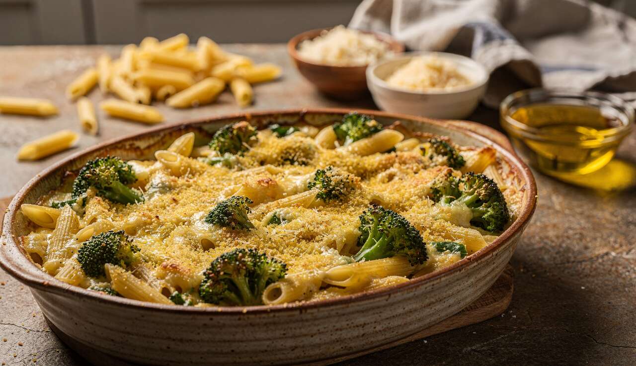 Gratin de pâtes au brocolis : recette à la béchamel à l'huile d'olive