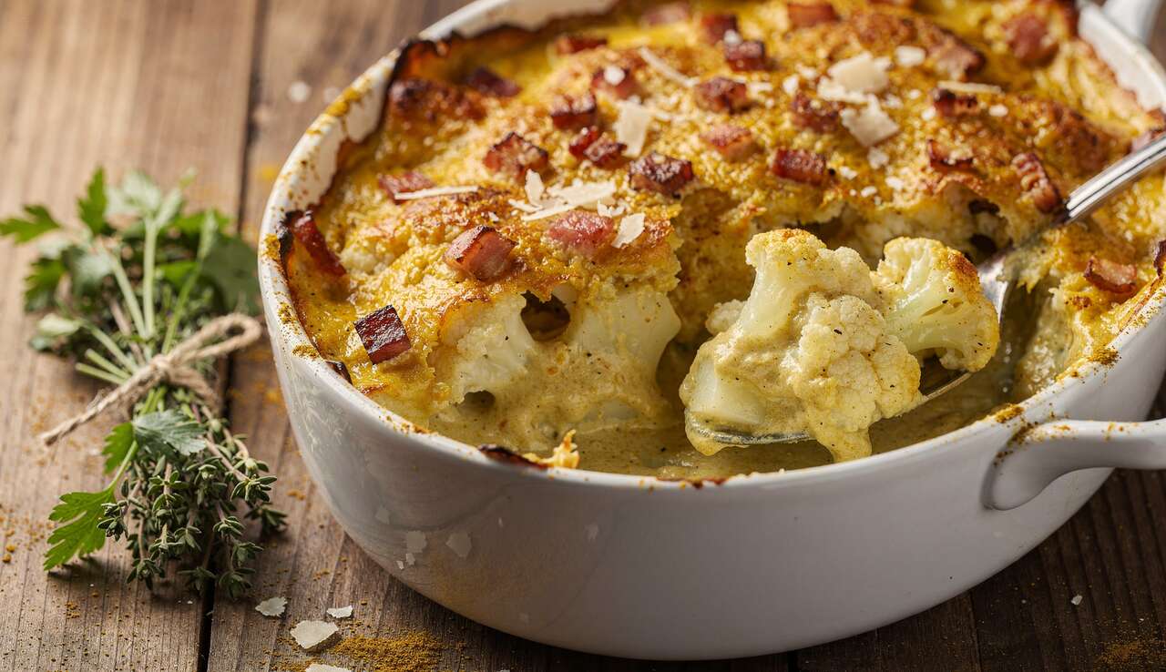 Gratin de Chou-Fleur à la Pancetta et Curry : recette Confort Food
