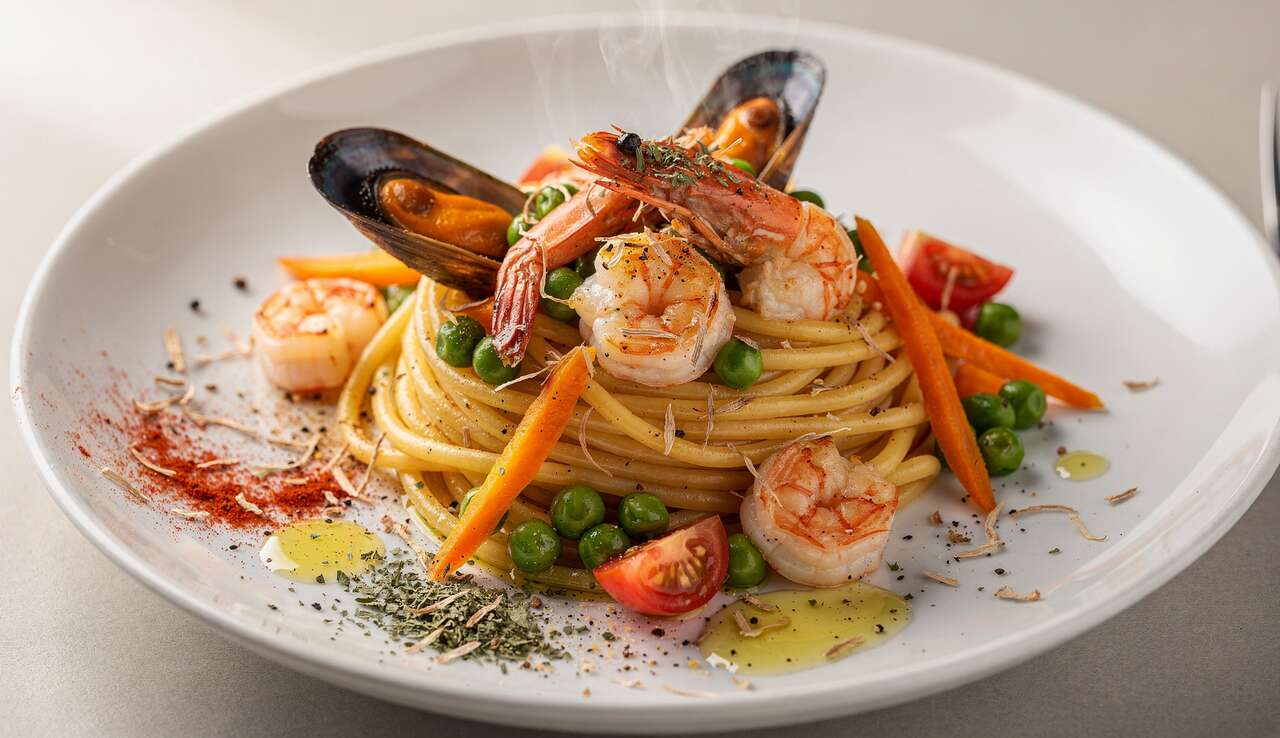 Spaghettis aux petits légumes et fruits de mer
