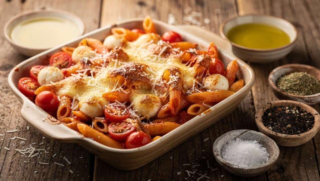 Gratin de pâtes express : tomates cerises et mozzarella