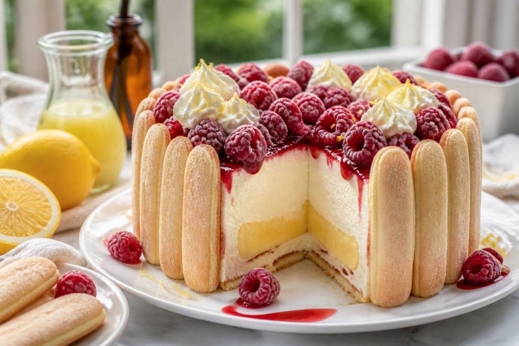 Charlotte aux framboises et crémeux citron : recette légère et mousseuse