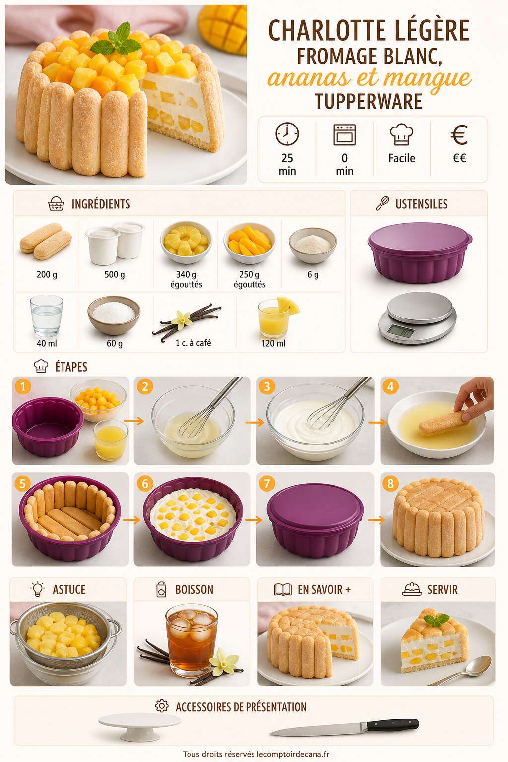 Fiche recette Charlotte l&eacute;g&egrave;re fromage blanc, ananas et mangue Tupperware