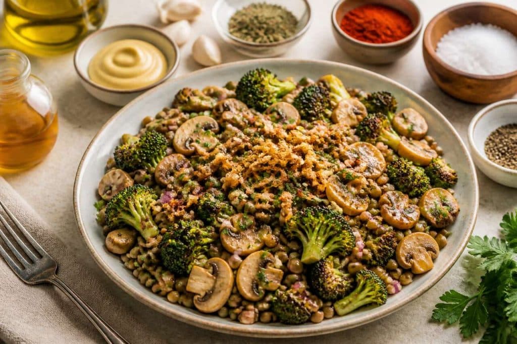 Salade de lentilles vertes du Puy avec brocolis et champignons rôtis