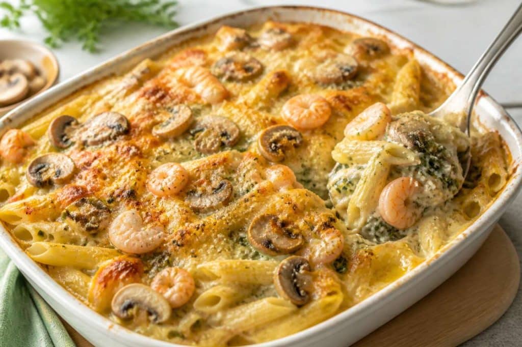 Gratin de pâtes au cresson, champignons et crevettes